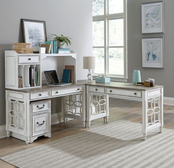 Liberty Furniture Magnolia Manor 5-Piece Antique White/Weathered Bark L-Shaped Office Desk Set-1