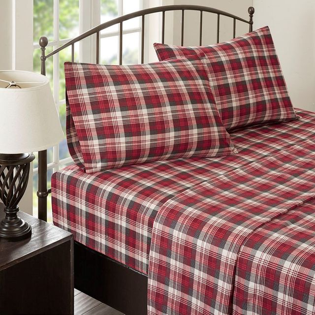 Olliix by Woolrich Red Plaid King Flannel Cotton Sheet Set-4