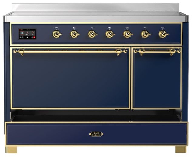 Ilve® Majestic III 48" Midnight Blue Pro Style Induction Range with Solid Door and Brass Trim-2