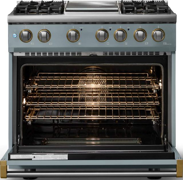 Viking® 5 Series 36" Novembery Sky Pro Style Dual Fuel (NG) Range with Brushed Brass Trim-1