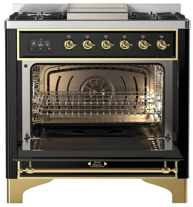 Ilve® Majestic III 36" Glossy Black Pro Style Dual Fuel Liquid Propane Range with Triple Glass Door and Brass Trim-1