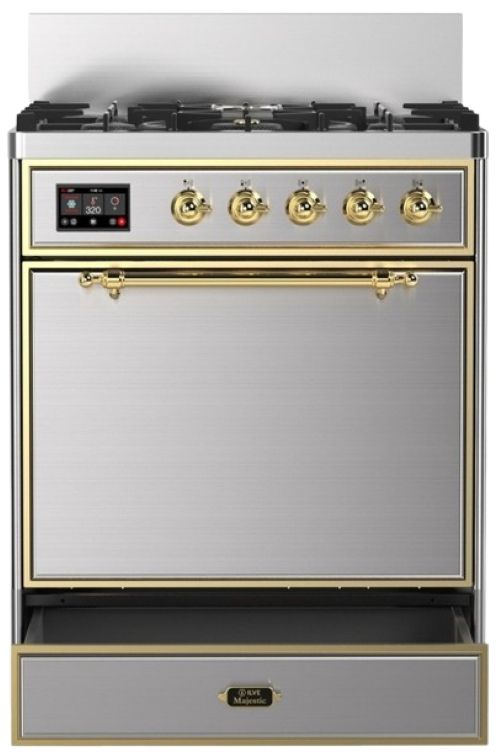 Ilve® Majestic III 30" Stainless Steel Pro Style Dual Fuel Liquid Propane Range with Solid Door and Brass Trim-2