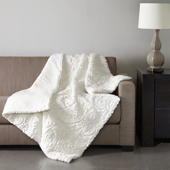 Olliix by Madison Park Norfolk Ivory 50x60" Polyester Embroidery Solid Ultra Plush Throw-2