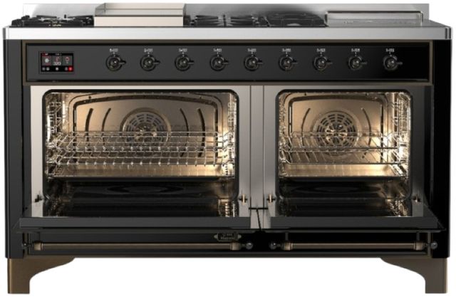 Ilve® Majestic III 60" Glossy Black Pro Style Dual Fuel Natural Gas Range with French Top and Burnished Trim-1