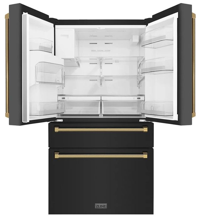 ZLINE Autograph Edition 36" 21.6 Cu. Ft. Fingerprint-Resistant Black Stainless Steel Counter Depth French Door Refrigerator with Ice/Water Dispenser and Polished Gold Helix Handles-2