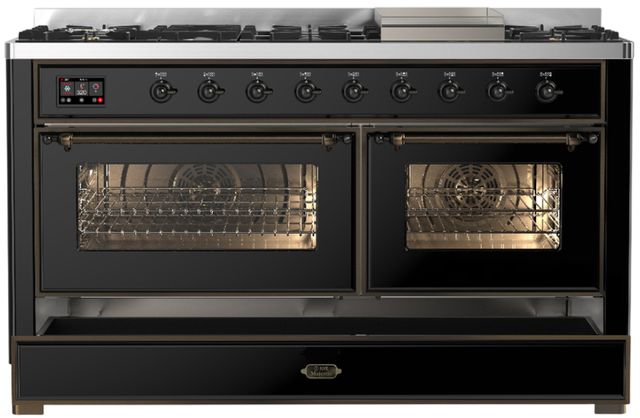Ilve® Majestic III 60" Glossy Black Pro Style Dual Fuel Natural Gas Range with Triple Glass Door and Burnished Trim-1