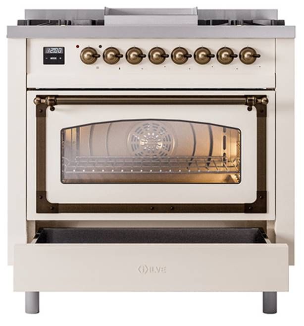 Ilve® Nostalgie II Noblesse 36'' Antique White Pro Style Dual Fuel Range with Burnished Trim-3