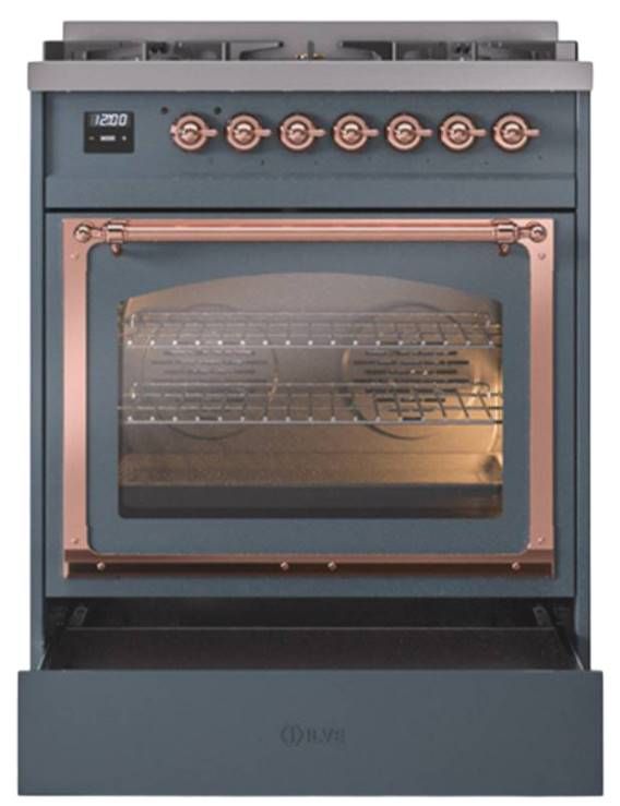 Ilve® Nostalgie II Noblesse 30" Blue Gray Pro Style Dual Fuel Range with Copper Trim-3