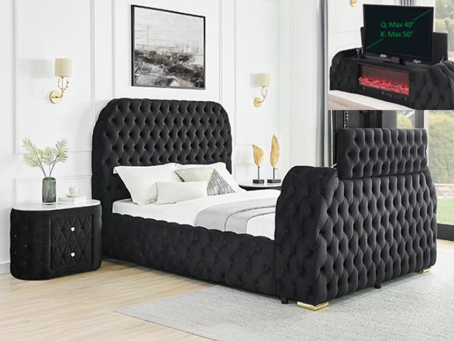 Crown Mark Natalia Black Queen Upholstered Panel Bed with Fireplace and  TV Lift-1