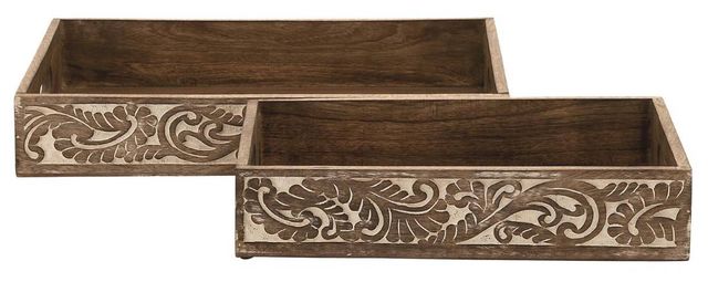 Deco Marche 2-Piece Brown Tray with Carved Sides Set-0