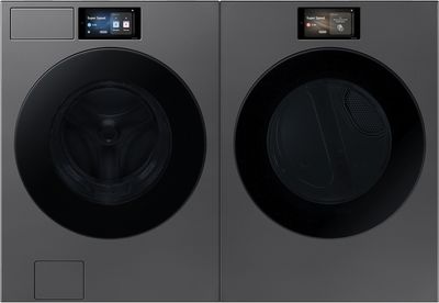 Front view of the Samsung Dark Steel Laundry Pair