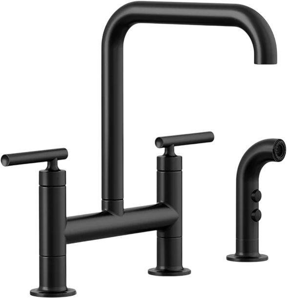 KOHLER® Purist® Matte Black 2-Hole Bridge Kitchen Sink Faucet with Side Sprayer-0