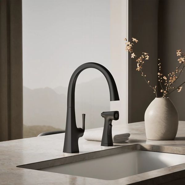 KOHLER® Graze® Matte Black Single-Handle Kitchen Sink Faucet with 2-Function Side Sprayer-1