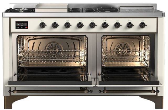 Ilve® Majestic III 60" Antique White Pro Style Dual Fuel Natural Gas Range with Griddle and Burnished Trim-1