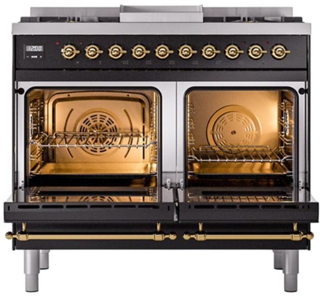 Ilve® Nostalgie II Noblesse 40'' Glossy Black Pro Style Dual Fuel Range with Brass Trim-1