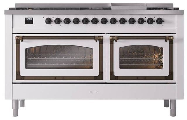 Ilve® Nostalgie II Noblesse 60'' White Pro Style Dual Fuel Range with Burnished Trim-1