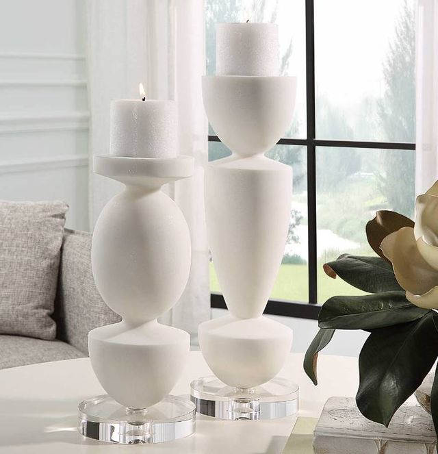 Uttermost® Lido 2-Piece White Stone Candleholders Set-2