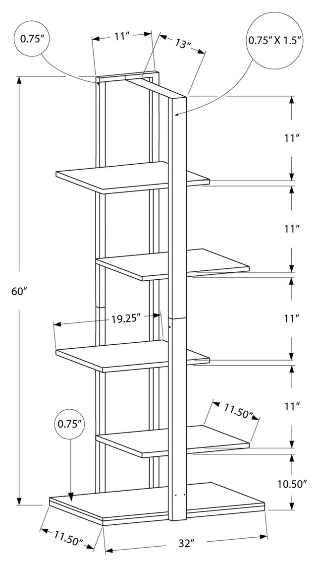 Monarch Specialties Inc. 60"H Dark White with Silver Metal Bookcase-3