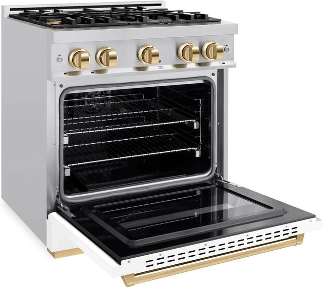 ZLINE Classic Autograph Edition 30" Stainless Steel Pro Style Dual Fuel Range with White Matte Door and Polished Gold Accents-3