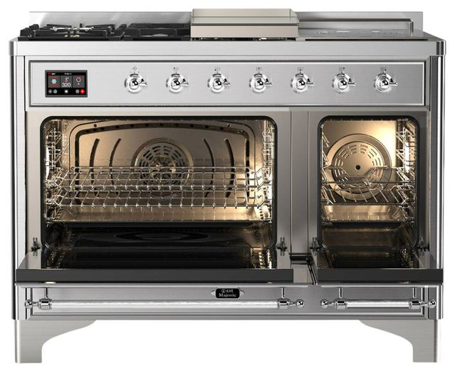 Ilve® Majestic III 48" Stainless Steel Pro Style Dual Fuel Liquid Propane Range with Solid Door and Chrome Trim-1
