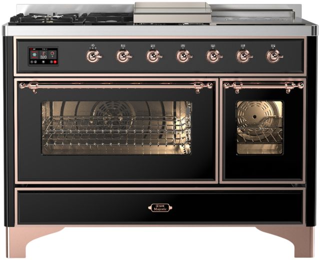 Ilve® Majestic III 48" Glossy Black Pro Style Dual Fuel Liquid Propane Range with 5 Black Brass Burners and Copper Trim-0