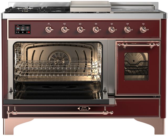 Ilve® Majestic III 48" Burgundy Pro Style Dual Fuel Natural Gas Range with 5 Black Brass Burners and Copper Trim-2