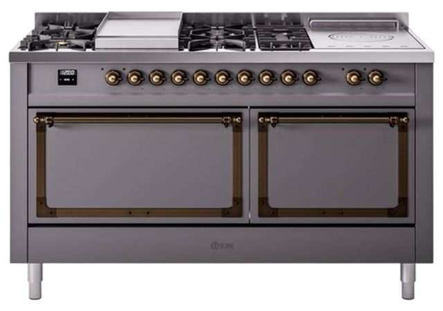 Ilve® Nostalgie II Noblesse 60'' Graphite Matte Pro Style Dual Fuel Range with Burnished Trim-0