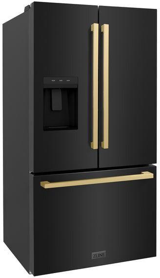 ZLINE Autograph Edition 36". 28.89 Cu. Ft. Fingerprint Resistant Black Stainless Steel French Door Refrigerator with Champagne Bronze Modern Handles-2
