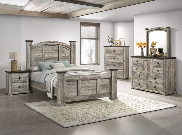 front view of a rustic bedroom with a wooden platform poster bed and matching furniture including a nightstand and a dresser