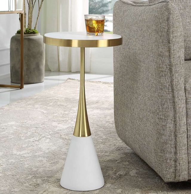 Uttermost® Apex Matte White Accent Table with Brushed Brass Accents-1