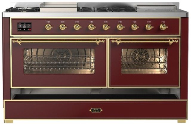 Ilve® Majestic III 60" Burgundy Pro Style Dual Fuel Natural Gas Range with French Top and Brass Trim-2