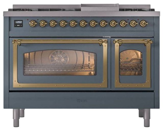 Ilve® Nostalgie II Noblesse 48'' Blue Gray Pro Style Dual Fuel Range with Brass Trim-1