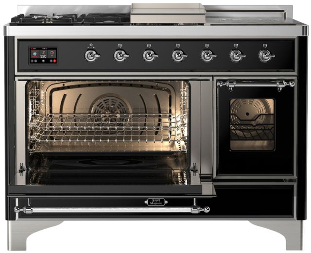 Ilve® Majestic III 48" Glossy Black Pro Style Dual Fuel Liquid Propane Range with 5 Black Brass Burners and Chrome Trim-2