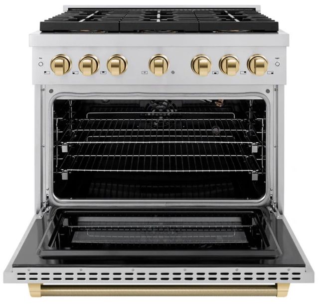 ZLINE Autograph Edition Paramount 36" 5.2 Cu. Ft. Stainless Steel Gas Range with 6 Burner DuoPro™ Cooktop and Convection Gas Oven with Polished Gold Helix Handle and Accents-1