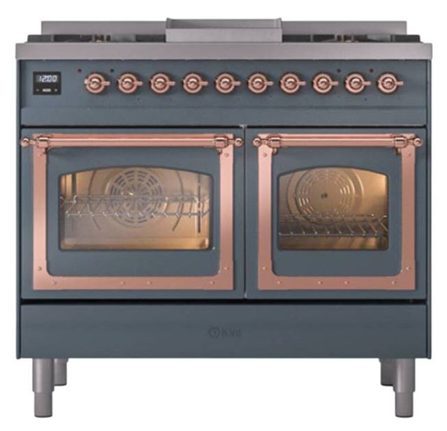 Ilve® Nostalgie II Noblesse 40'' Blue Gray Pro Style Dual Fuel Range with Copper Trim-1