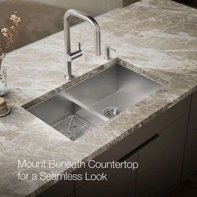 KOHLER® Vault™ Stainless Steel Smart Divide® 33" 4-Faucet Hole Top/Undermount Double Equal-Bowl Kitchen Sink-4