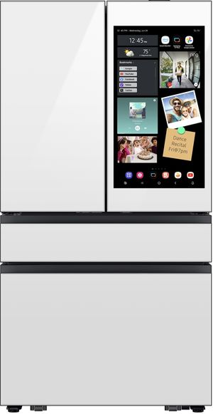 Front view of the Samsung Bespoke 36 in. 22.5 Cu. Ft. White Glass Counter Depth French Door Refrigerator with AI Family Hub™+ & AI Vision Inside™