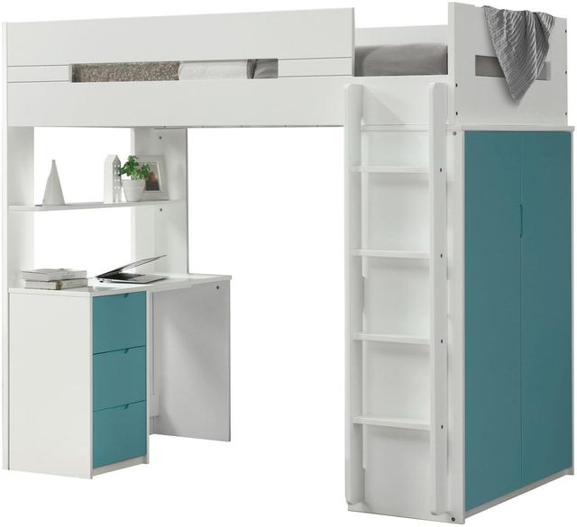 ACME Furniture Nerice Teal/White Twin Loft Bed with Desk and Wardrobe