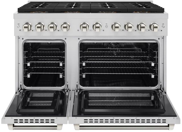 ZLINE Autograph Edition Paramount 48" 6.7 Cu. Ft. Stainless Steel Dual Fuel Range with 8 Burner DuoPro™ Cooktop and Dual Ovens with Polished Nickel Helix Handles and Accents-1