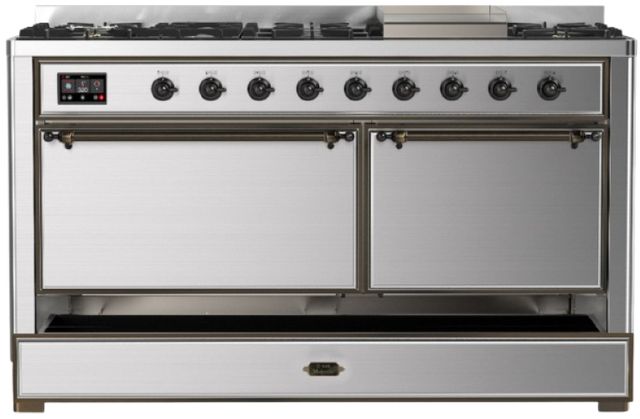 Ilve® Majestic III 60" Stainless Steel Pro Style Dual Fuel Natural Gas Range with Solid Door and Burnished Trim-2