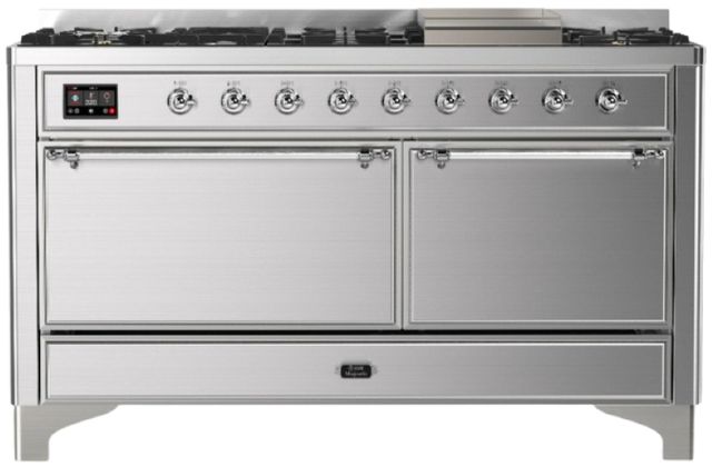 Ilve® Majestic III 60" Stainless Steel Pro Style Dual Fuel Liquid Propane Range with Solid Door and Chrome Trim-0