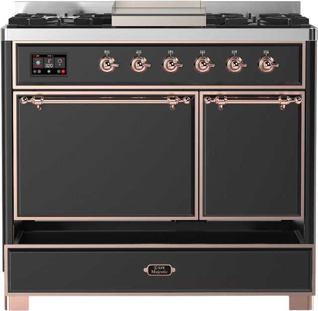 Ilve® Majestic III 40" Graphite Matte Pro Style Dual Fuel Liquid Propane Range with Solid Door and Copper Trim-1