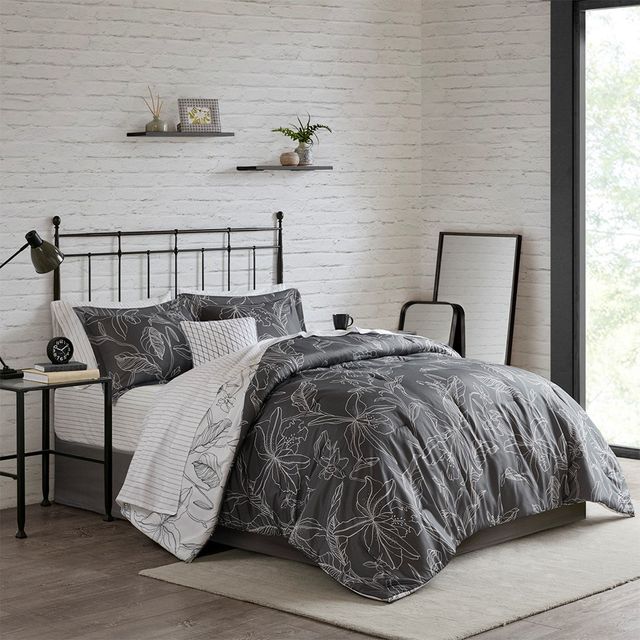 Olliix by Madison Park Essentials White/Charcoal California King Lilia Reversible Complete Bedding Set with Cotton Sheet-4