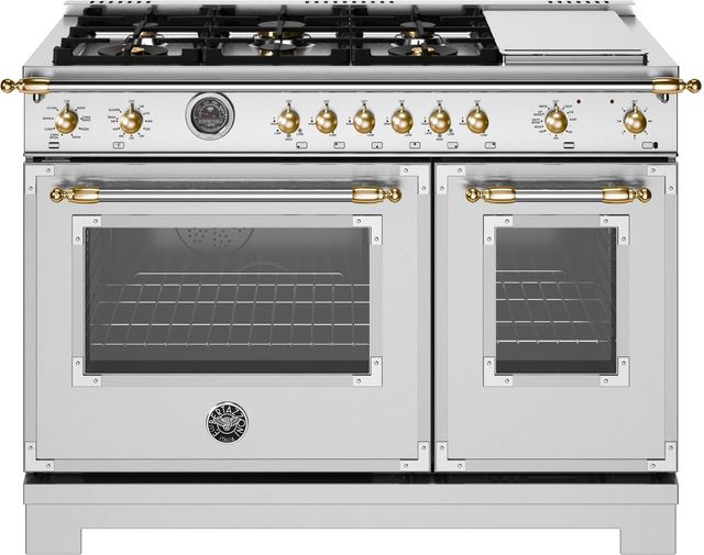 Bertazzoni Heritage Series 48 Fingerprint Resistant Stainless Steel Pro-Style Gas Range With Gold Accents Bertazzoni Heritage Series 48 Fingerprint Resistant Stainless Steel Pro-Style Gas Range With Gold Accents