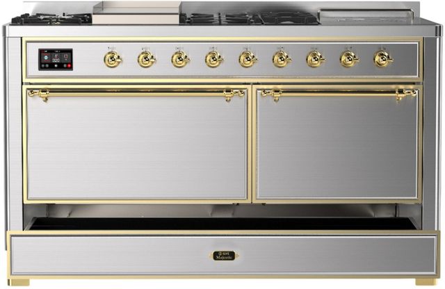 Ilve® Majestic III 60'' Stainless Steel Pro Style Dual Fuel Natural Gas Range with Solid Door and Brass Trim-1