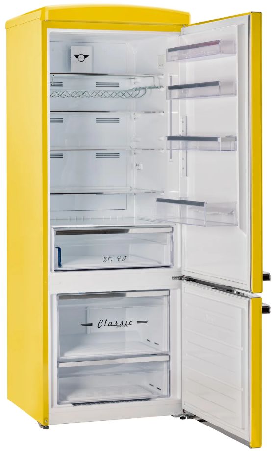 Unique Appliances 28” 17 Cu. Ft. Canary Yellow Bottom Freezer Refrigerator with Chrome Accent Handles-2