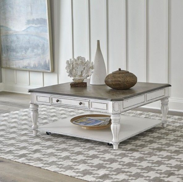 Liberty Furniture Magnolia Manor Weathered Bark Oversized Square Cocktail Table with Antique White Base-1