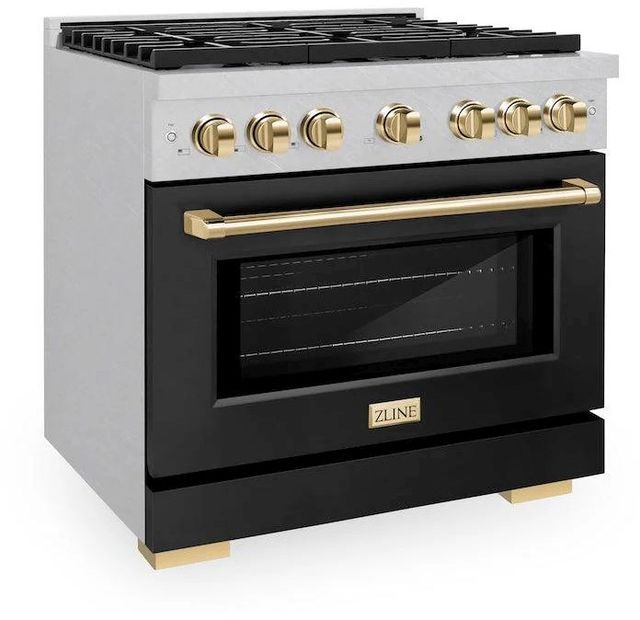 ZLINE Autograph Edition Paramount 36" Satin Stainless Steel Pro Style Gas Range with Black Matte Door and Polished Gold Accents-2