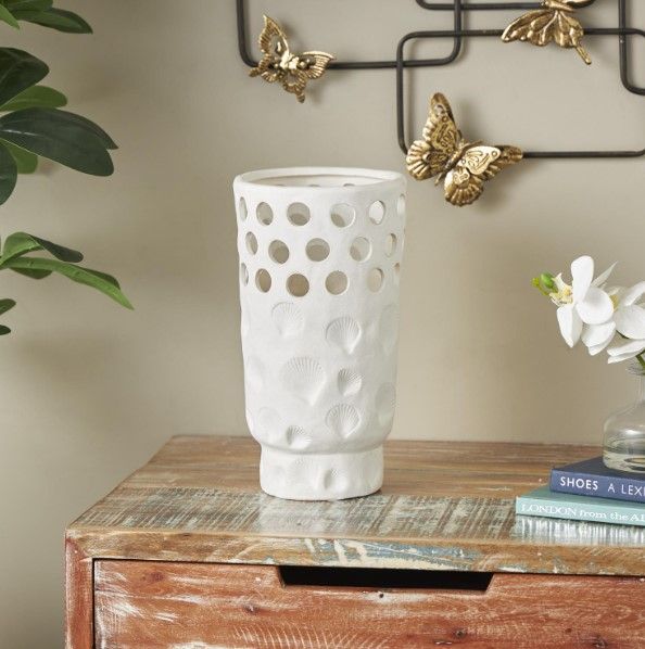 Deco Marche White Ceramic Shell Vase with Circular Cutouts-3