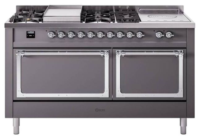 Ilve® Nostalgie II Noblesse 60'' Graphite Matte Pro Style Dual Fuel Range with Chrome Trim-0